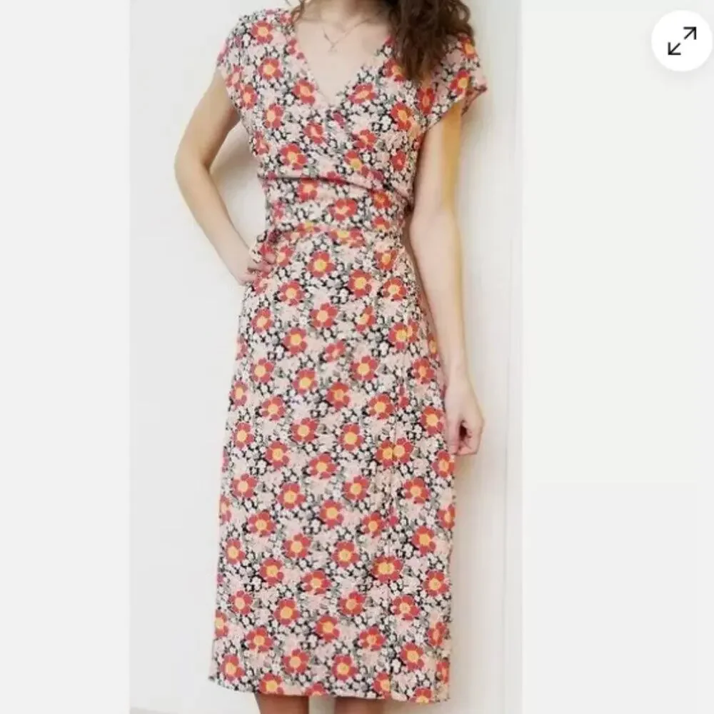 J. Crew Mercantile Floral Midi Wrap Short Sleeve Dress Viscose Red Pink